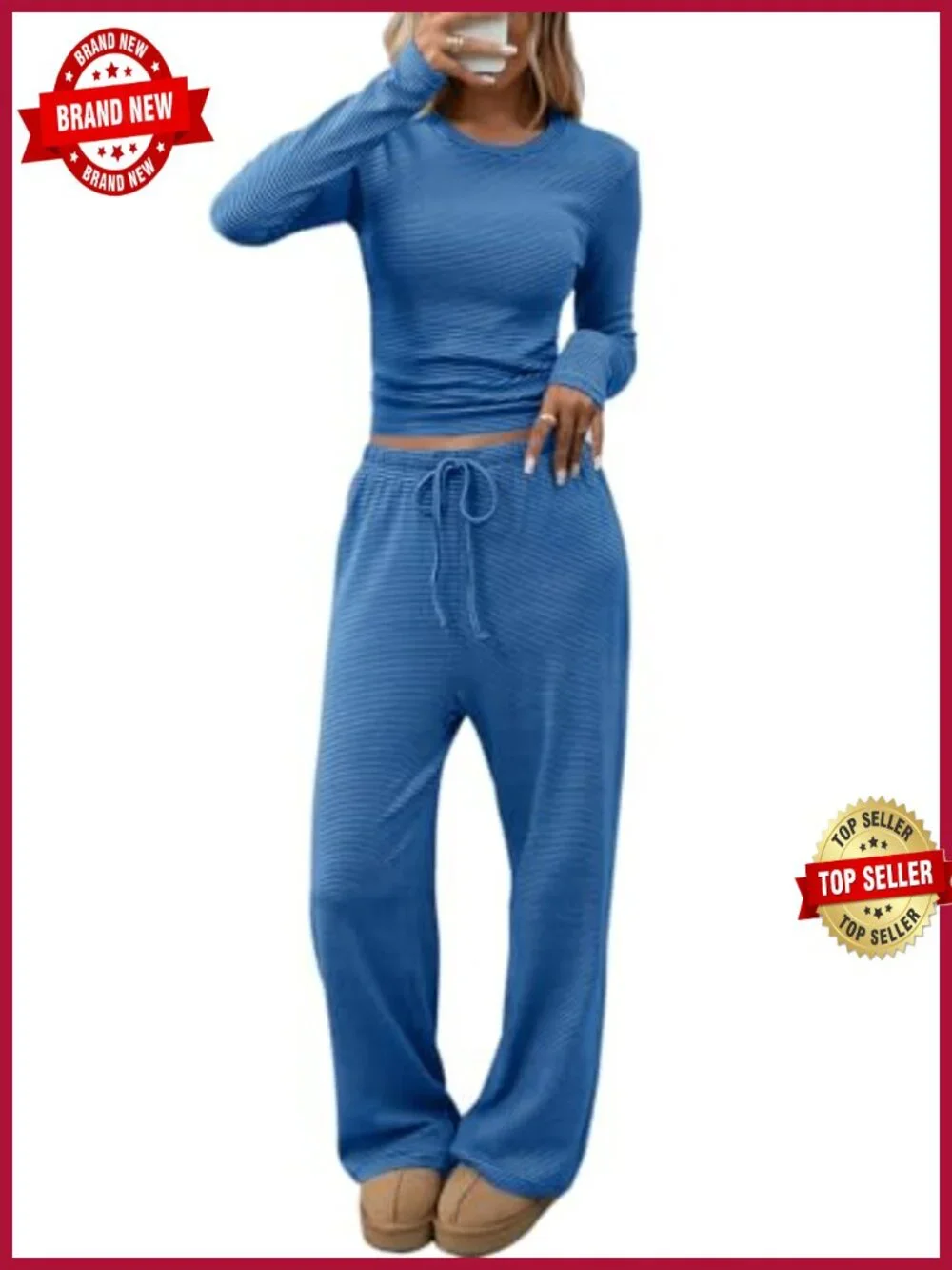 Women's 2 Piece Lounge Set - Long Sleeve Striped Pajamas - Cotton Drawstring
